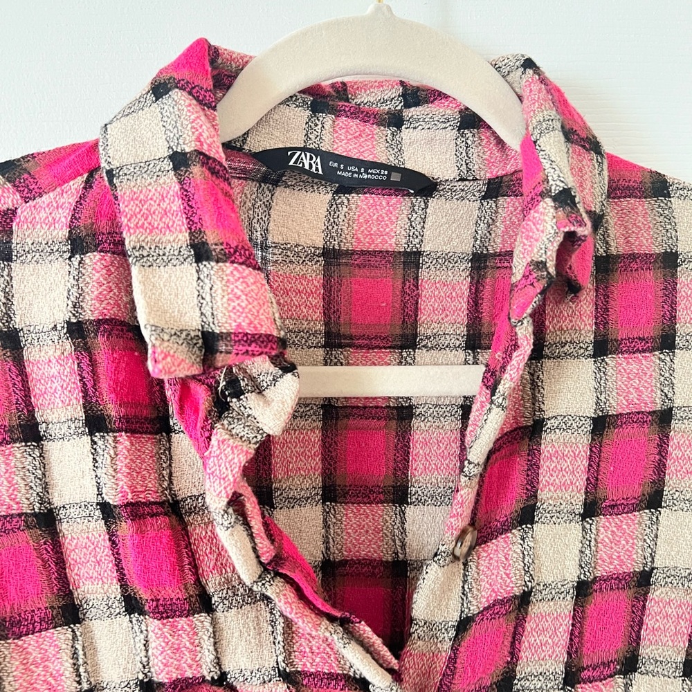 ZARA Mini Pleated Dress Plaid Button Up Collared Size s Pink/Black Long Sleeve
